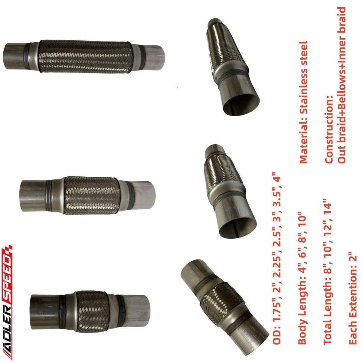 Exhaust Flex Pipe Braid Stainless Steel 2.5 - 1,75 Zoll, 2 Zoll, 2,25 Zoll,